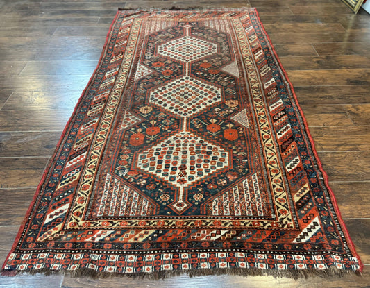 Antique Persian Shiraz Rug 5x8, Khamseh Tribal Wool 1920s Carpet, Navy Blue - Nuvé