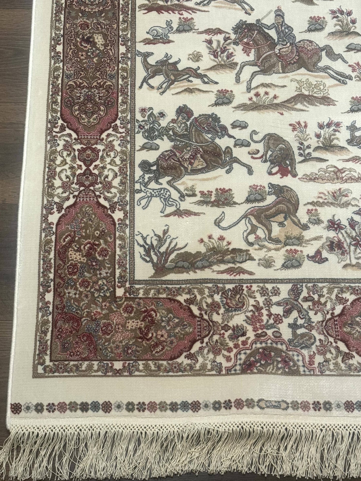 Turkish Silk Runner Rug 2.6 x 8, Hunting Design, Ivory, Bamboo Silk, New - Nuvé