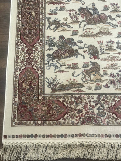 Turkish Silk Runner Rug 2.6 x 8, Hunting Design, Ivory, Bamboo Silk, New - Nuvé