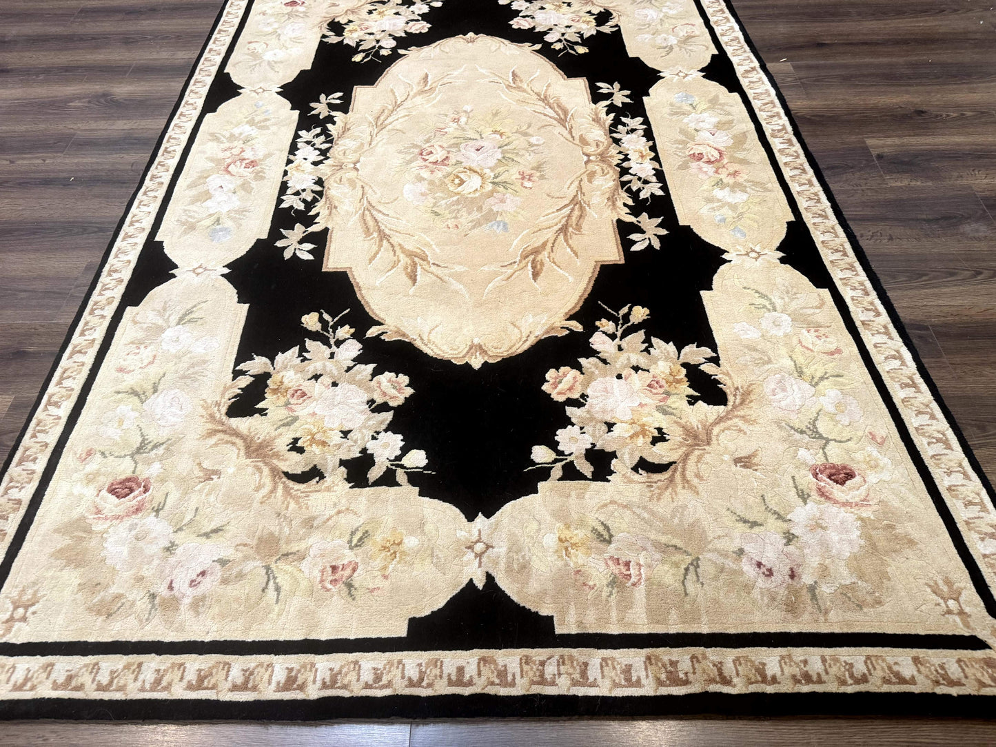 Chinese Aubusson Rug 6x9, Wool Pile, Black, Floral, Elegant - Nuvé