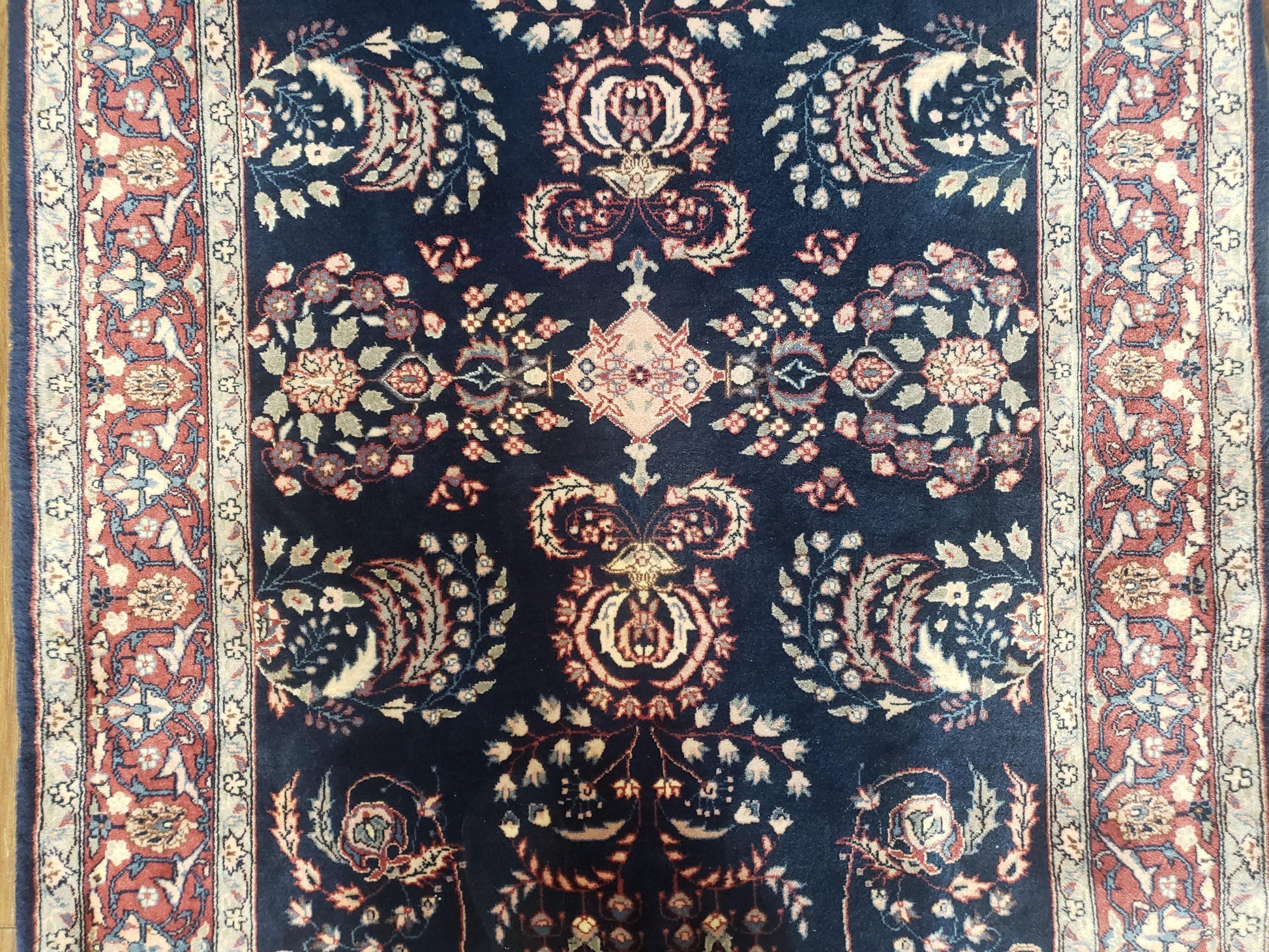 Dark Blue Indo Persian Rug 4x6, Medium Size Hand Knotted Oriental Carpet, Traditional Floral Indian Rug, Blue and Red Entryway Rug, Wool Rug - Nuvé
