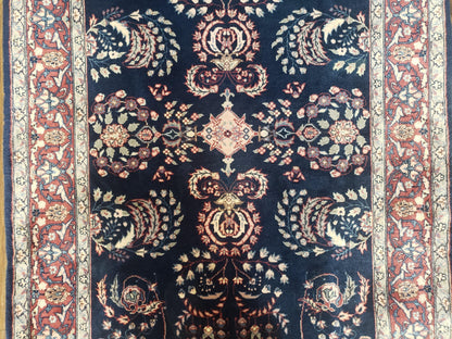 Dark Blue Indo Persian Rug 4x6, Medium Size Hand Knotted Oriental Carpet, Traditional Floral Indian Rug, Blue and Red Entryway Rug, Wool Rug - Nuvé