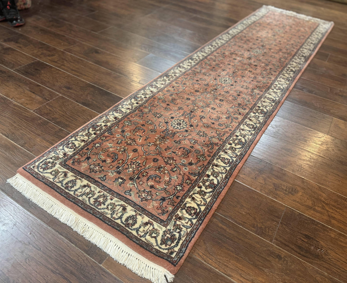 Indo Persian Runner Rug 2.6 x 10, Coral and Cream, Hand Knotted 10ft Wool Oriental Runner for Hallway or Kitchen - Nuvé
