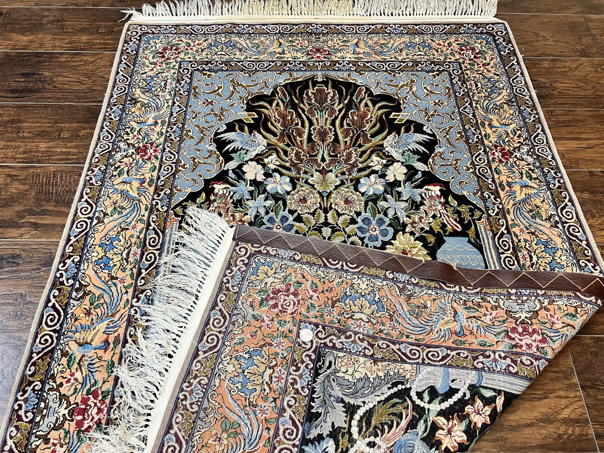 Wonderful Persian Isfahan Rug 3.7 x 5, Kork Wool on Silk Foundation, Very Fine 460 KPSI, Tree of Life Persian Vase Design Animal Pictorials Peacocks - Nuvé