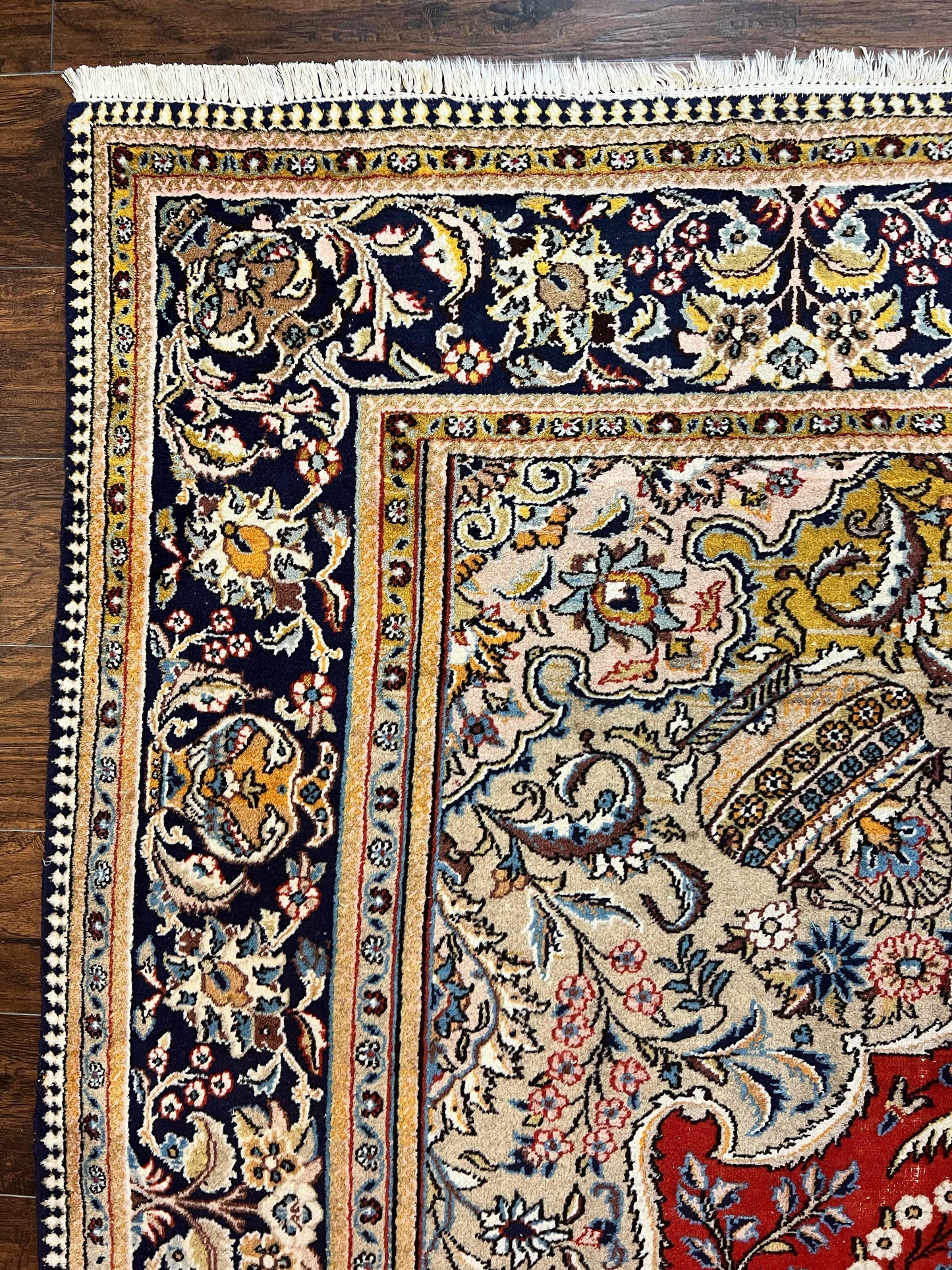 Wonderful Persian Qum Rug 10x14, Wool w/ Silk Highlights, Hand Knotted Semi Antique Vintage Carpet, Red, Floral, Fine Weave, Birds Deer Pictorials - Nuvé