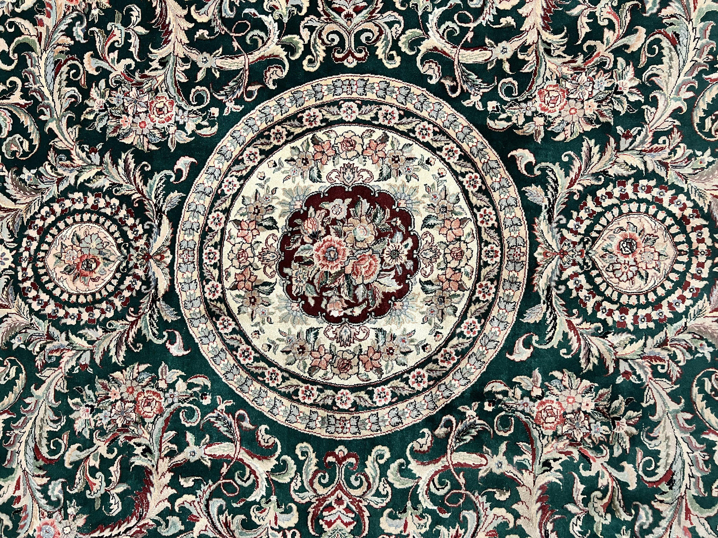 Pak Persian Rug 9x12, Dark Green and Cream, Floral Medallion, Elegant Handmade Wool Carpet 9 x 12 - Nuvé
