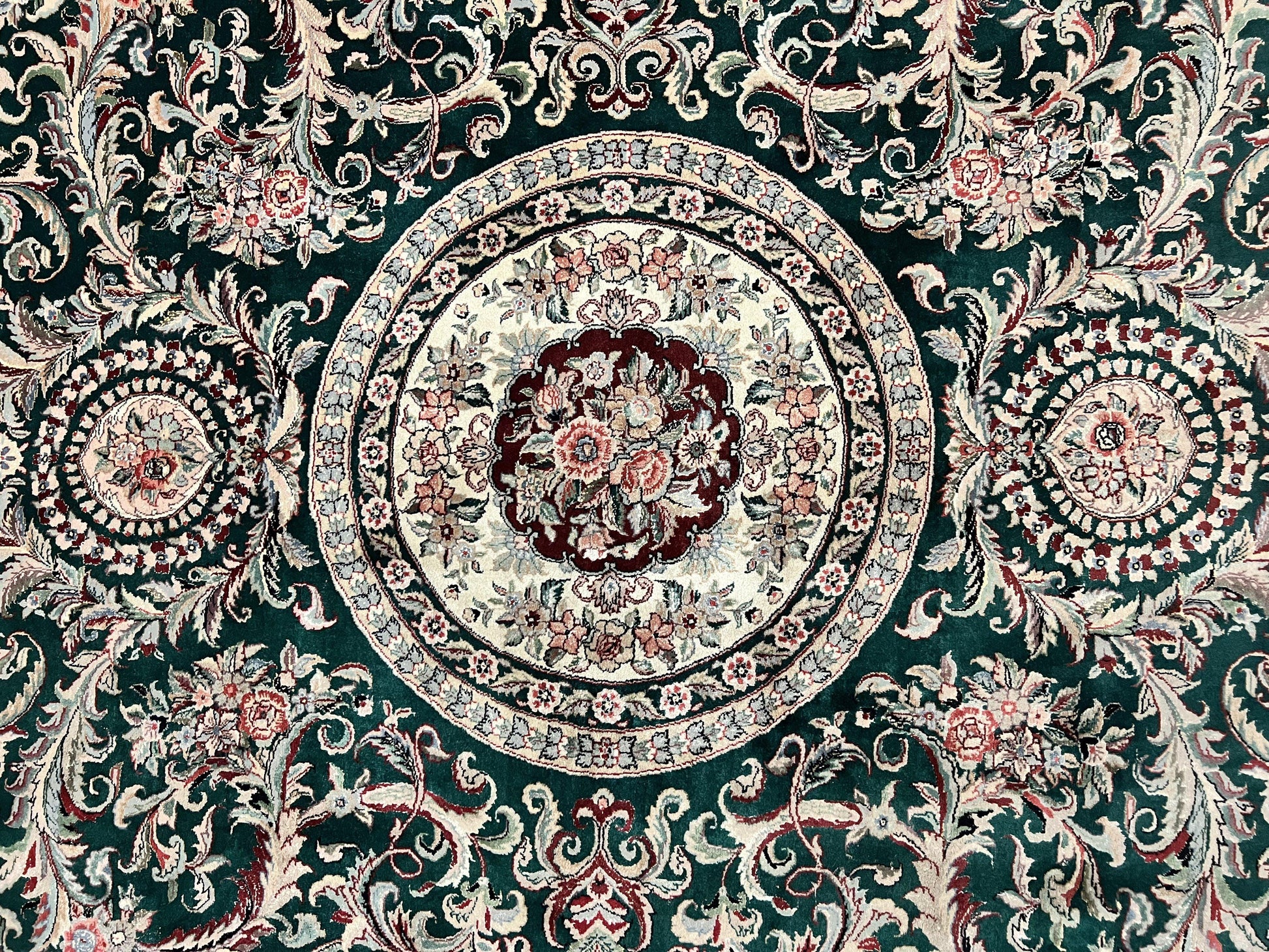 Pak Persian Rug 9x12, Dark Green and Cream, Floral Medallion, Elegant Handmade Wool Carpet 9 x 12 - Nuvé