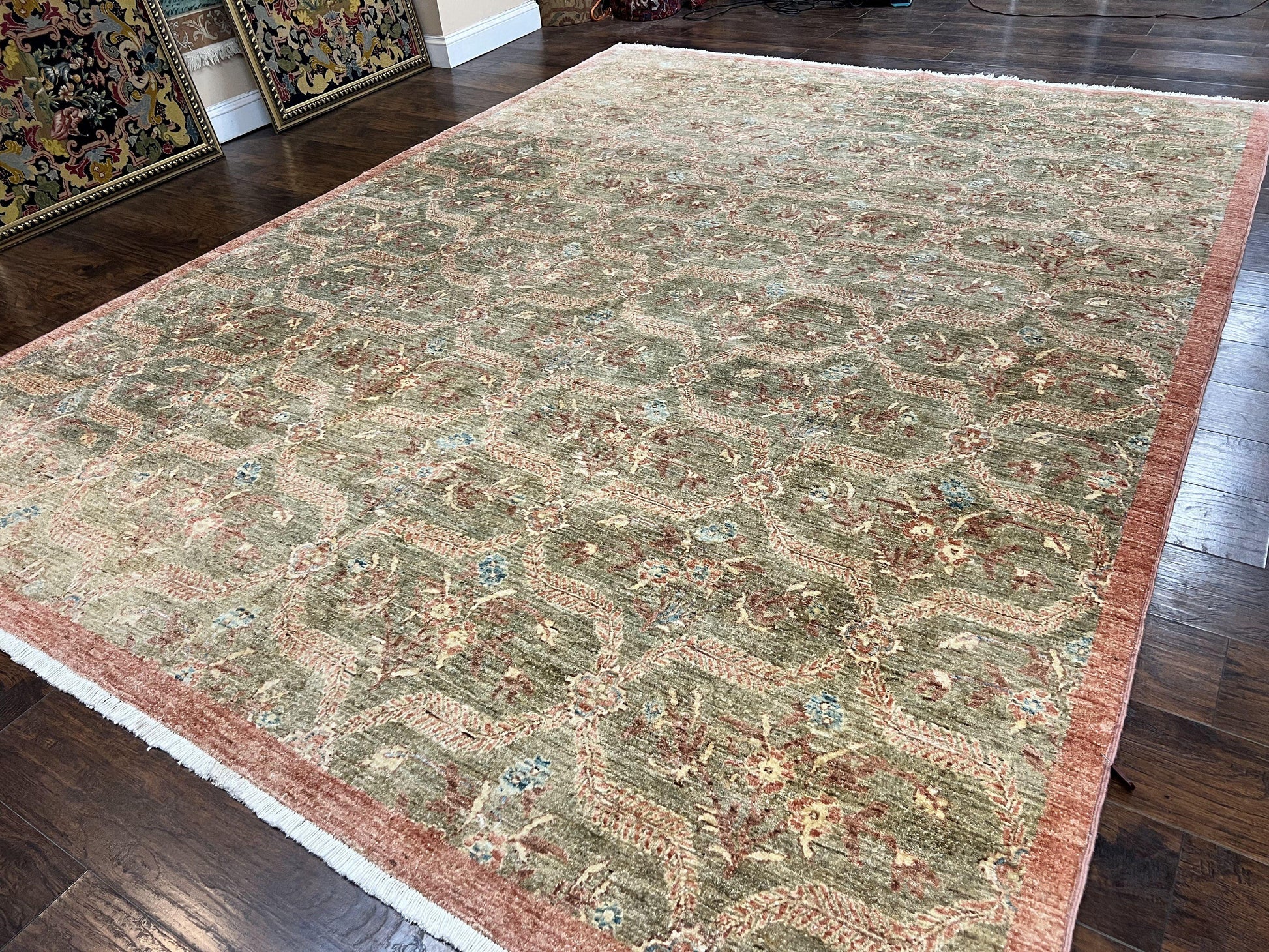 Large Modern Pakistani Rug 9x12, Handmade Wool Carpet, Peshawar Rug, Hand Knotted Oriental Rug, Contemporary, Floral, Light Green - Nuvé