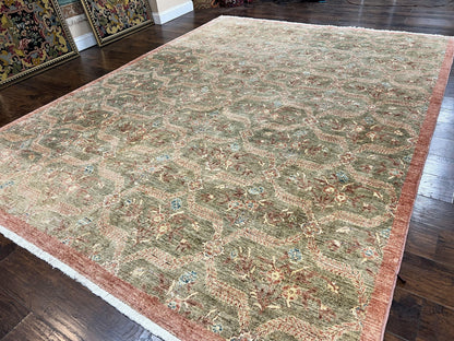 Large Modern Pakistani Rug 9x12, Handmade Wool Carpet, Peshawar Rug, Hand Knotted Oriental Rug, Contemporary, Floral, Light Green - Nuvé