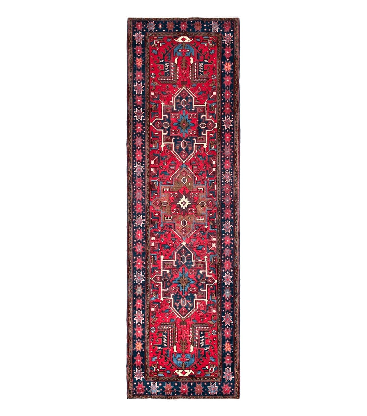 Persian Heriz Karajeh Runner Rug 3.7 x 12, Geometric Medallions, Red and Navy Blue