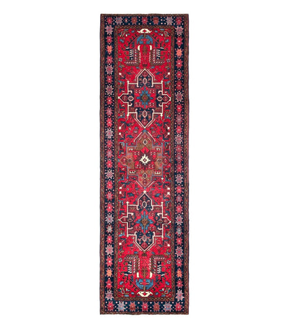 Persian Heriz Karajeh Runner Rug 3.7 x 12, Geometric Medallions, Red and Navy Blue