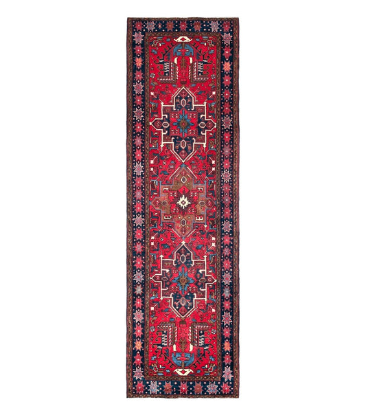 Persian Heriz Karajeh Runner Rug 3.7 x 12, Geometric Medallions, Red and Navy Blue