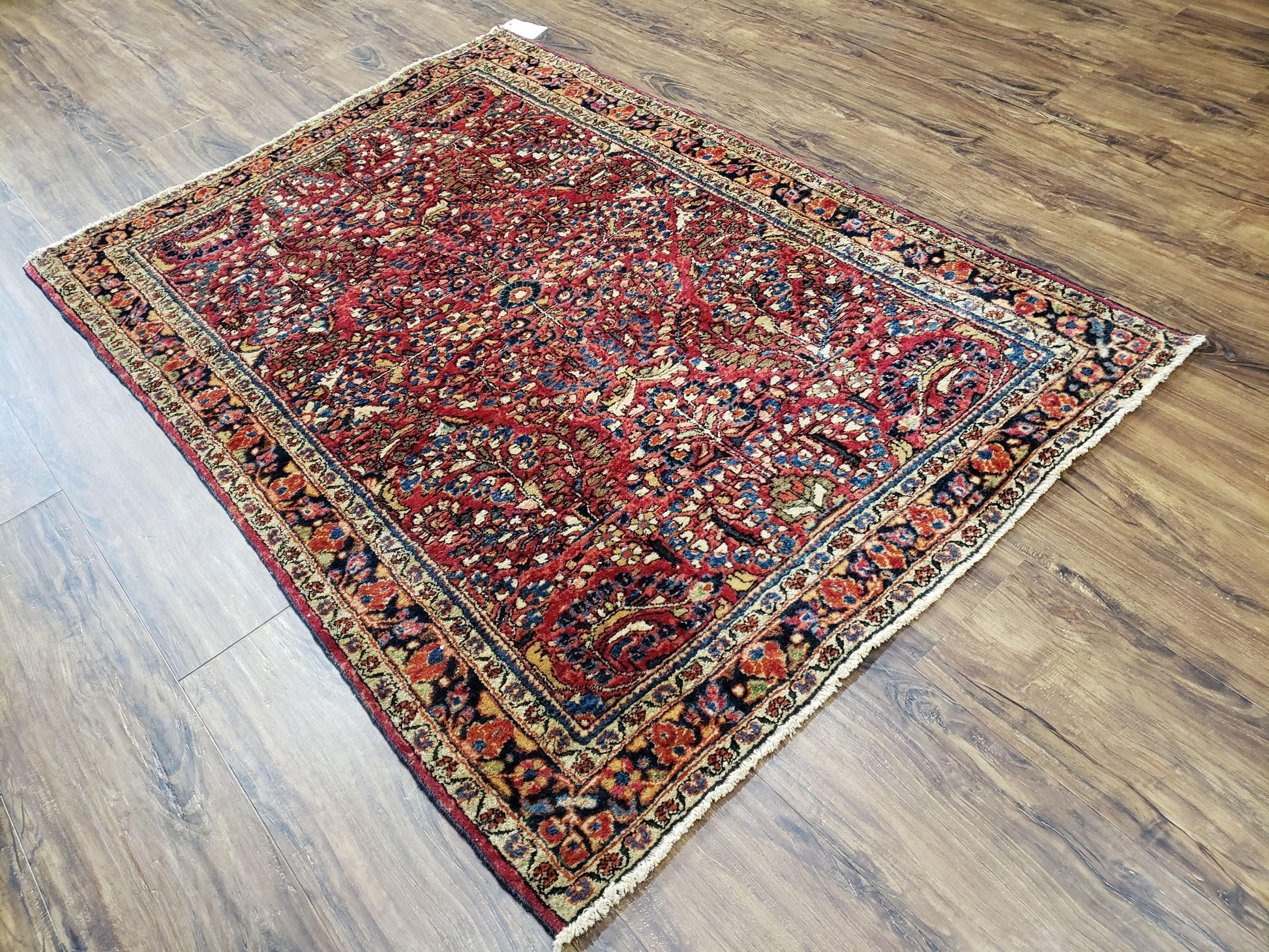 Antique Persian Sarouk Rug, Red, Allover Floral Pattern, Hand-Knotted, Wool, 3'4" x 4'10" - Nuvé