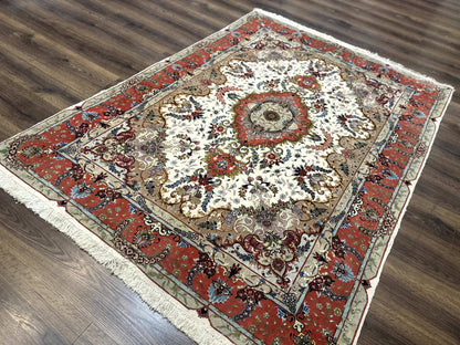 Wonderful Persian Tabriz Rug 5x7, Very Fine 440 KPSI, Ivory and Coral, Rare - Nuvé