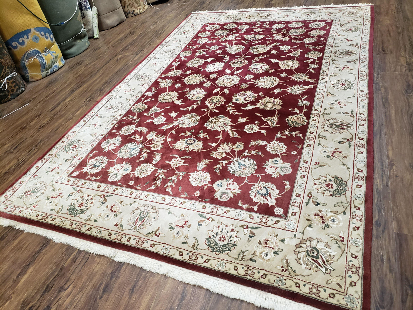 Vintage Traditional Oriental Area Rug, Hand-Knotted, Wool & Silk Accents, Maroon Red and Beige, 6x9 Carpet, 5' 9" x 9' - Nuvé