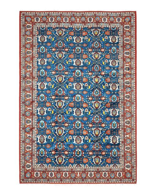 Rare Antique Persian Veramin Carpet, Mina-Khani Pattern, Blue, Red, Ivory, 7x11 ft, Hand-Knotted, Wool