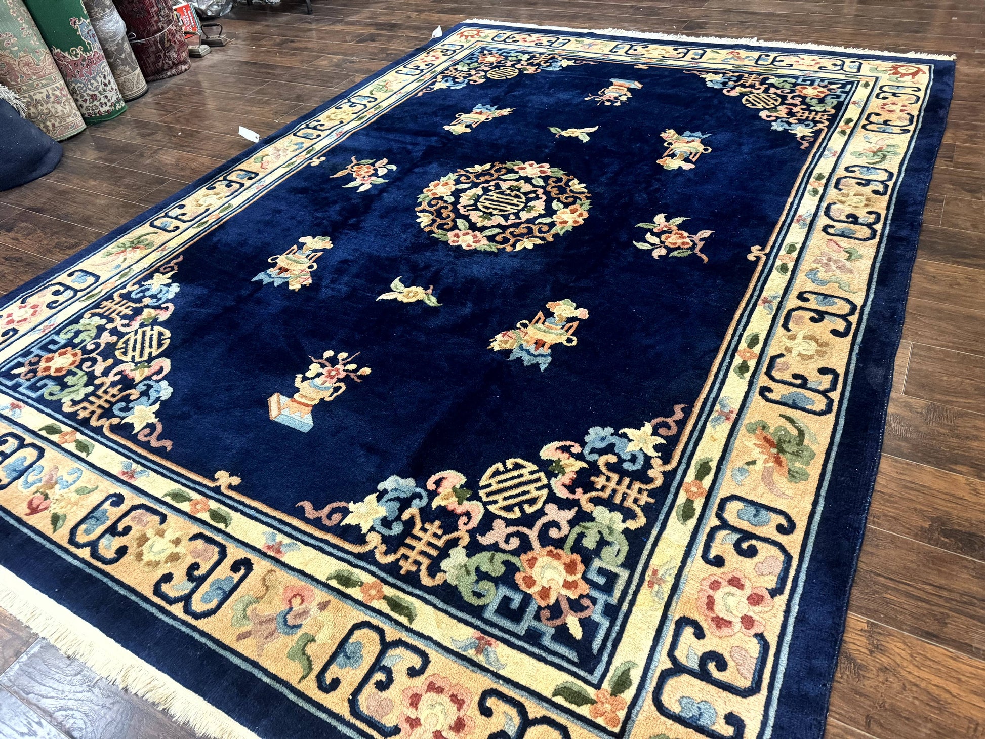 Chinese Wool Rug 8x11, Navy Blue and Beige, Simple Design, Fete Carpet - Nuvé
