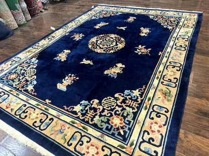 Chinese Wool Rug 8x11, Navy Blue and Beige, Simple Design, Fete Carpet - Nuvé
