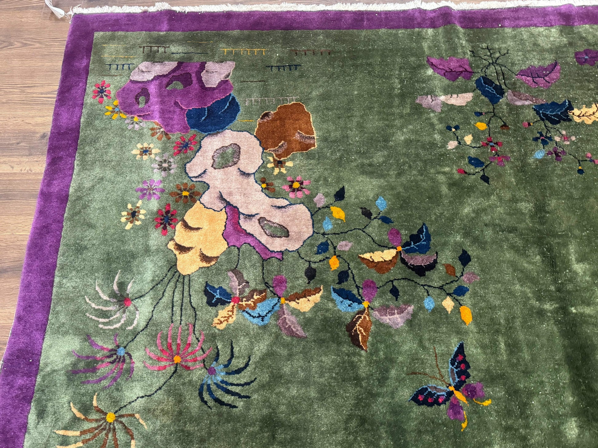 Antique Chinese Nichols Rug 9x12 - Rare Green and Purple Art Deco Carpet - Nuvé