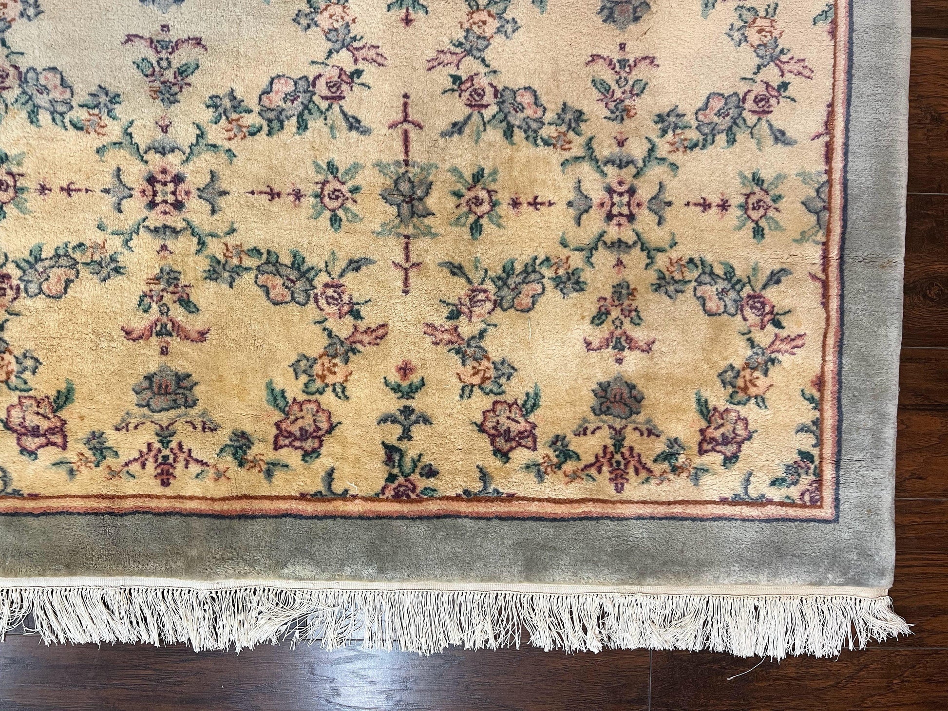 Sino Persian Rug 8x10, Floral, Oatmeal and Light Teal, Handmade Wool Vintage Carpet - Nuvé