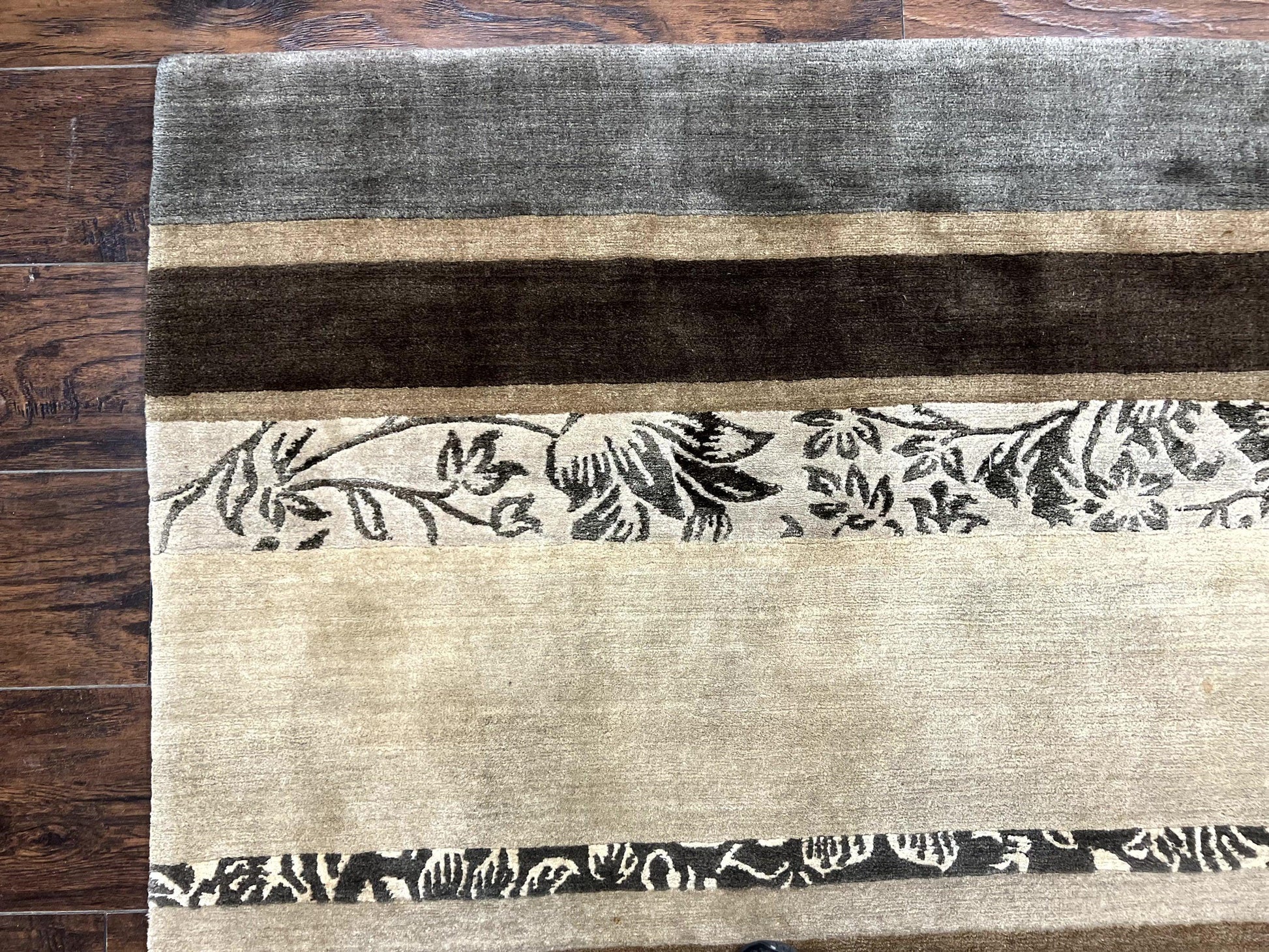 Modern Tibetan Nepali Rug 8x12, Stripe Pattern, Wool with Silk Highlights, Handmade, Beige Tan Brown - Nuvé