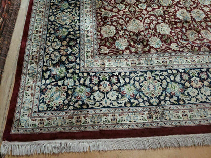 Persian Rug 9x12, Floral Allover, Very Fine, Handmade, Room Sized Oriental Carpet, Sino Persian, Maroon and Navy Blue