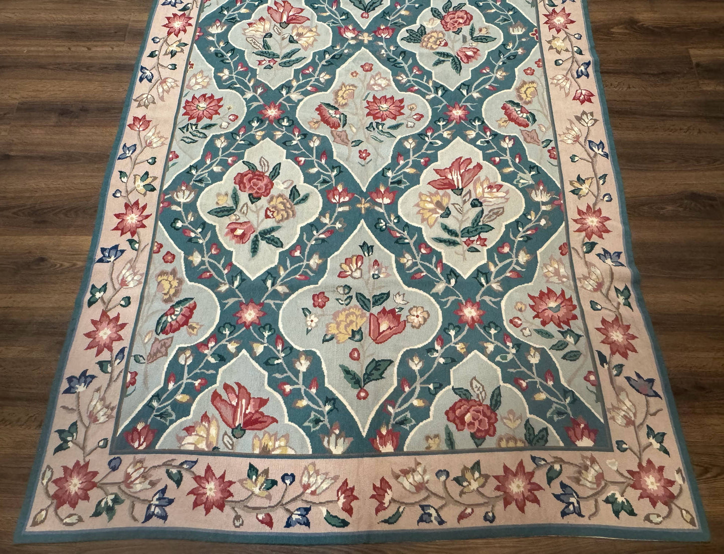 Teal Needlepoint Rug 6x9, Panel Design, Floral Bouquets, Handmade - Nuvé