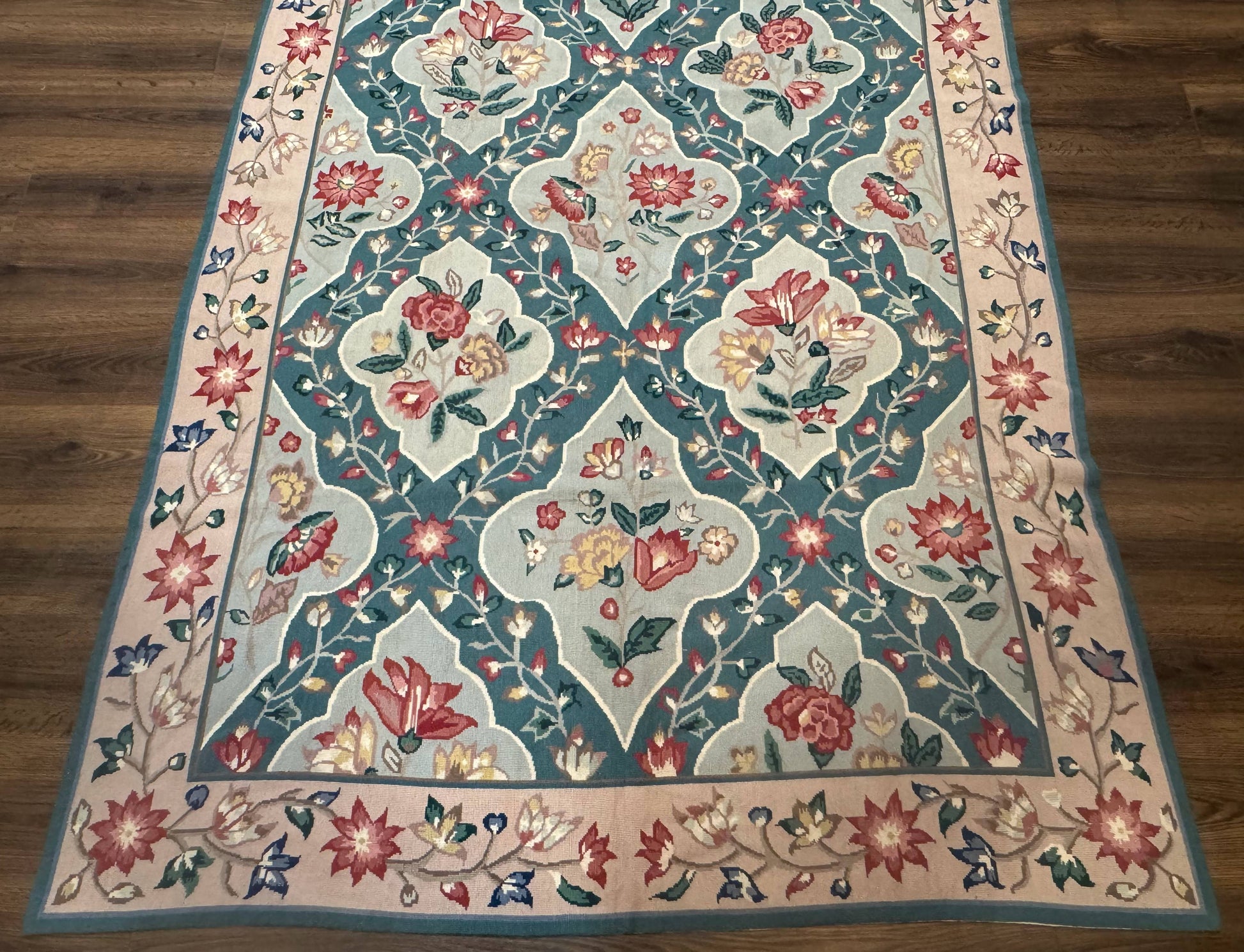 Teal Needlepoint Rug 6x9, Panel Design, Floral Bouquets, Handmade - Nuvé