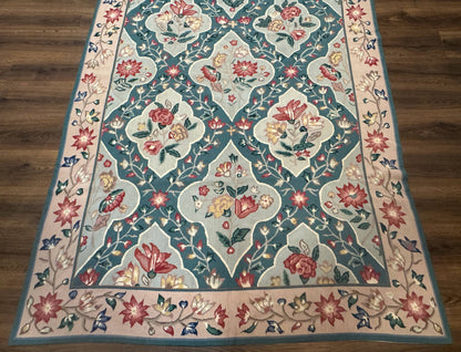 Teal Needlepoint Rug 6x9, Panel Design, Floral Bouquets, Handmade - Nuvé
