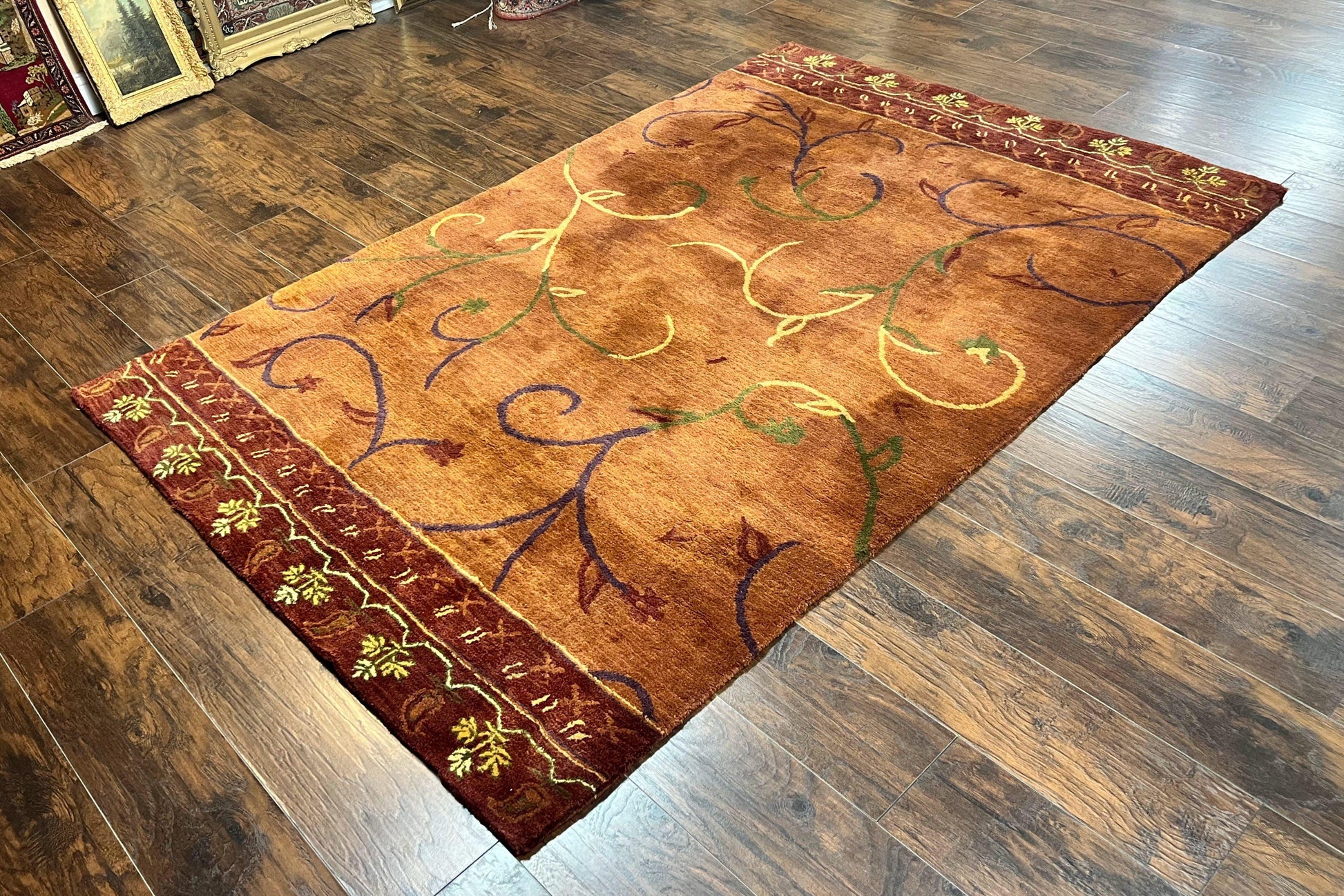 Pottery Barn Rug 5x8, Vintage Hand Tufted Carpet, Wool and Silk, Rust & Maroon - Nuvé