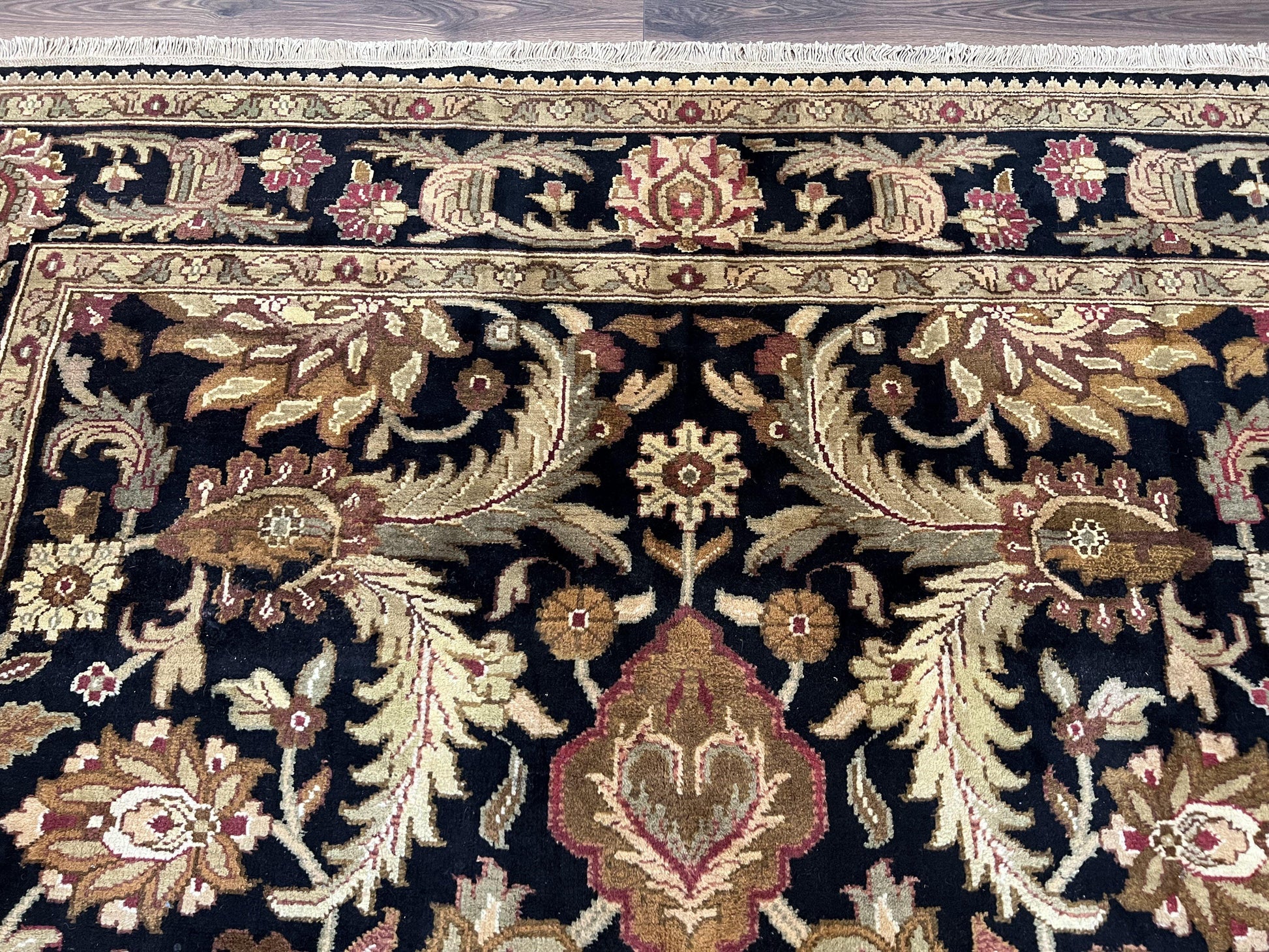 Indo Mahal Sultanabad Rug 8x11, Vintage Indian Oriental Carpet, Wool Handmade Floral Rug 8 x 11 ft, Black Beige Tan, Large Flowers Allover - Nuvé