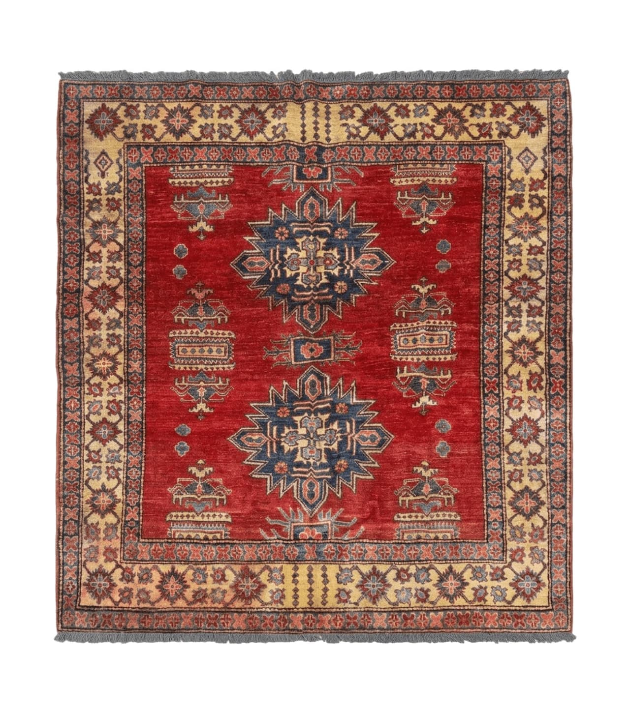 Square Turkish Rug 6x6, Azerbaijani Azeri Turkish Armenian Rug, Red Tan Blue, Geometric, Wool Carpet