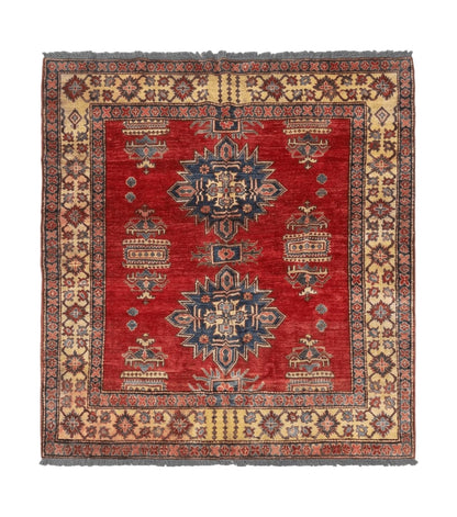 Square Turkish Rug 6x6, Azerbaijani Azeri Turkish Armenian Rug, Red Tan Blue, Geometric, Wool Carpet