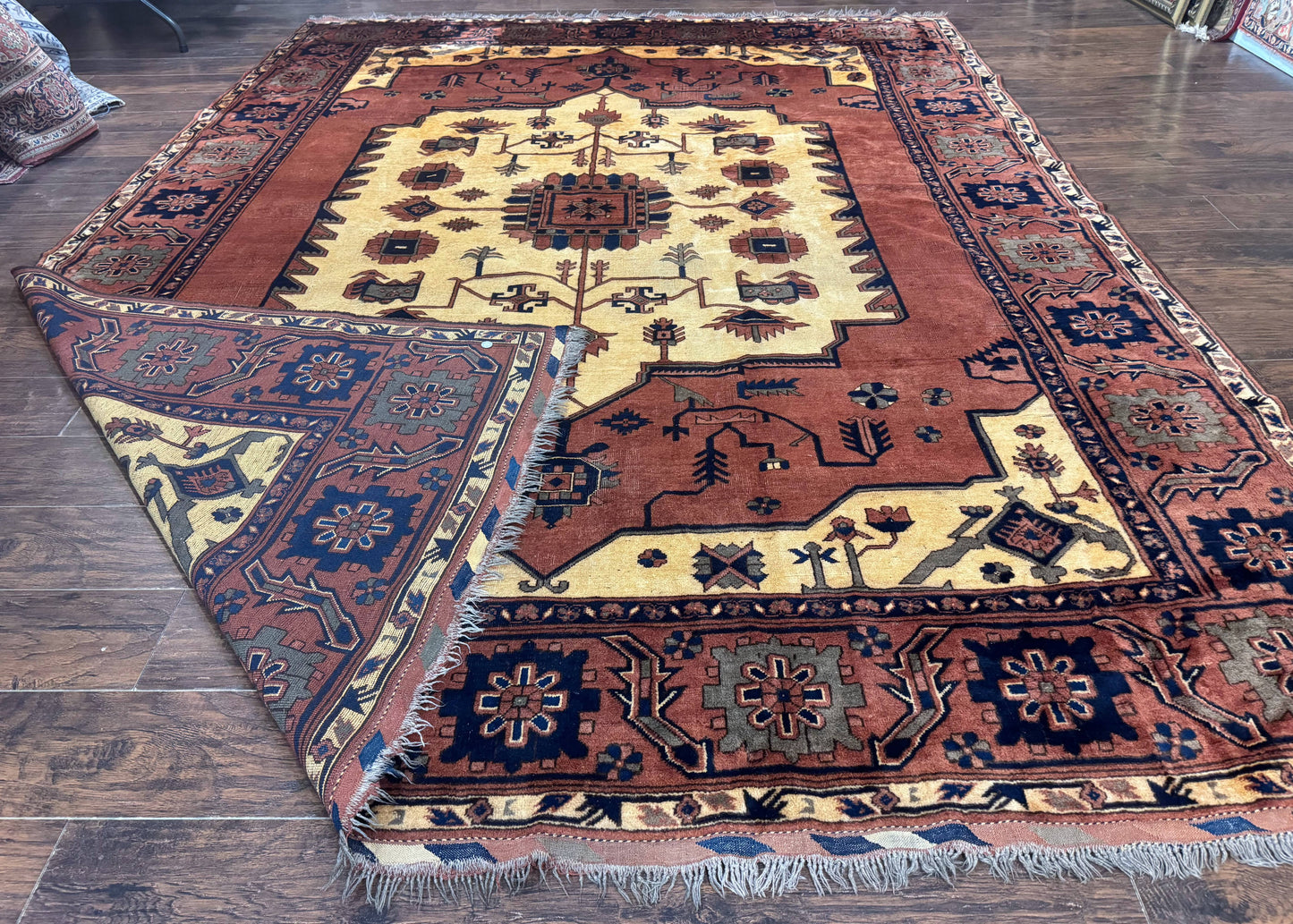 Afghan Heriz Rug 9x12, Tribal Geometric Serapi Carpet, Rust Cream and Navy, Wool on Wool - Nuvé