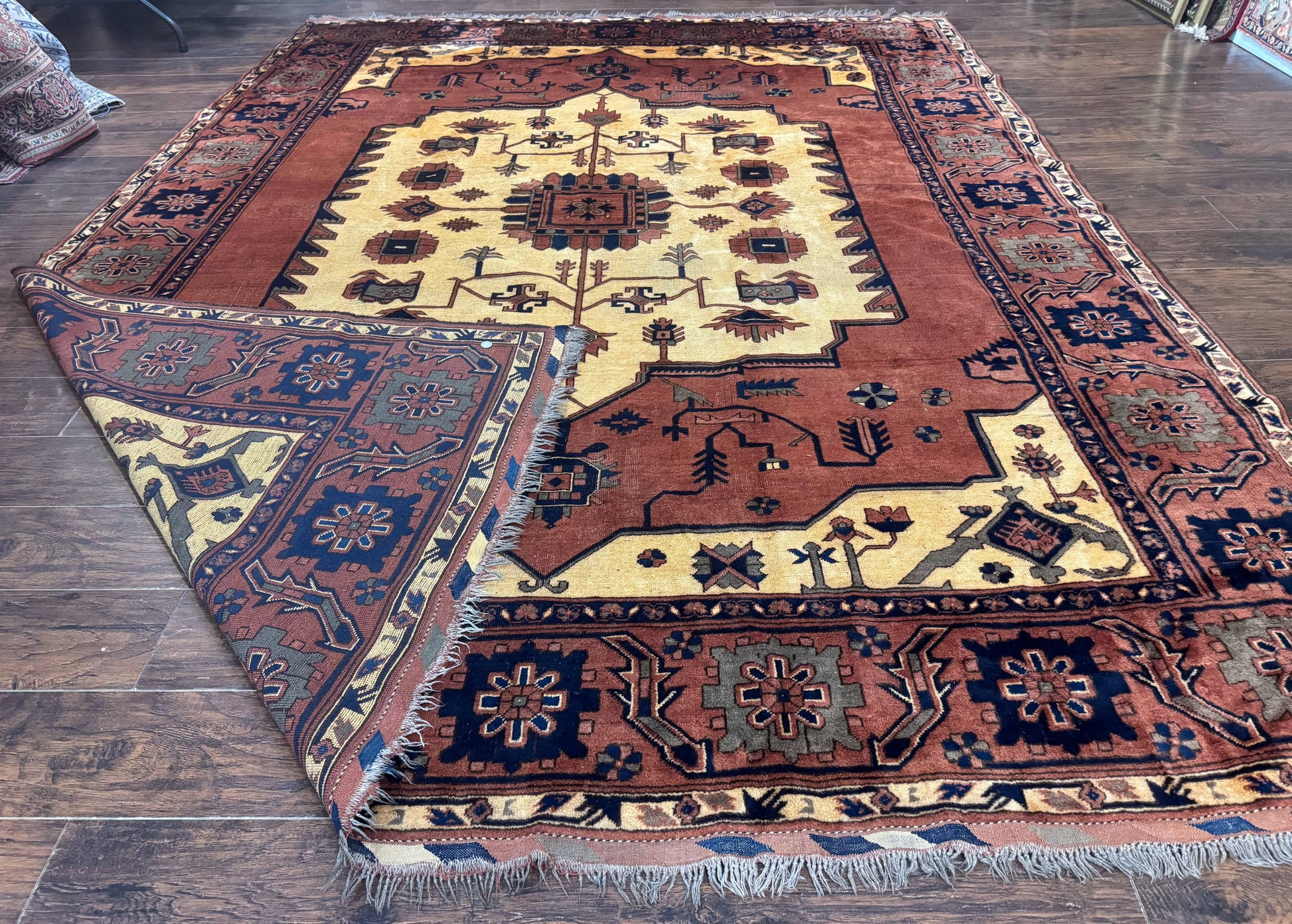 Afghan Heriz Rug 9x12, Tribal Geometric Serapi Carpet, Rust Cream and Navy, Wool on Wool - Nuvé