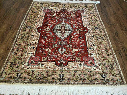 5' X 6' Vintage Handmade Indian Agra Wool Red and Beige Oriental Rug Traditional Classical Interior Home Décor - Nuvé