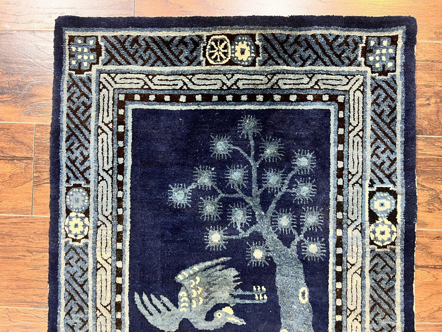 Antique Chinese Peking Rug 3x5, Dark Blue Chinese Wool Rug 3 x 5, Animal Pictorials Deer Birds, Handmade Asian Oriental Chinese Carpet - Nuvé