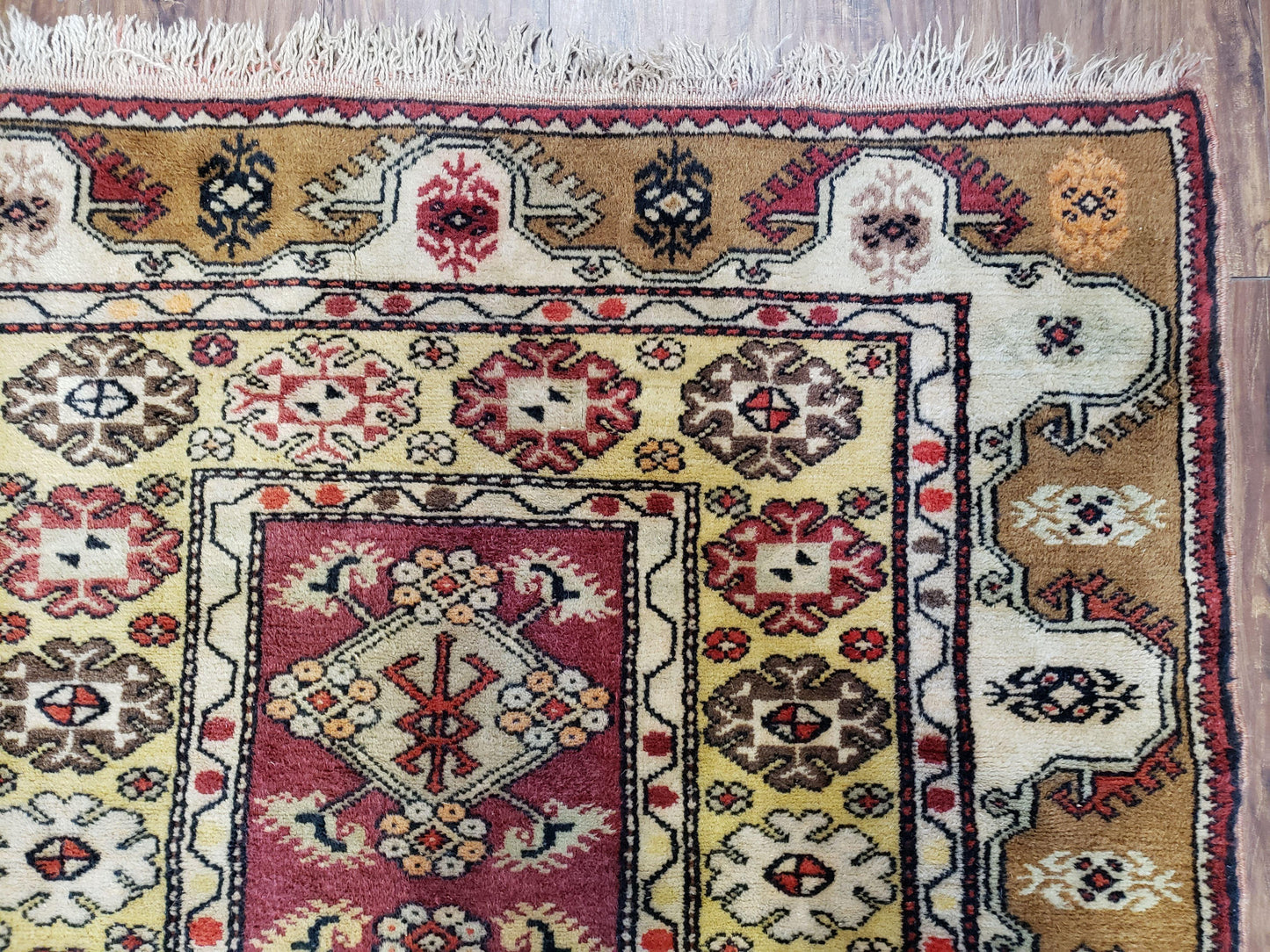 Turkish Caucasian Rug 4x7, Vintage Hand-Knotted Wool Turkish Talish Carpet 4 x 7, Cream, Burnt Orange Carmine Red Area Rug, Bohemian Rug - Nuvé