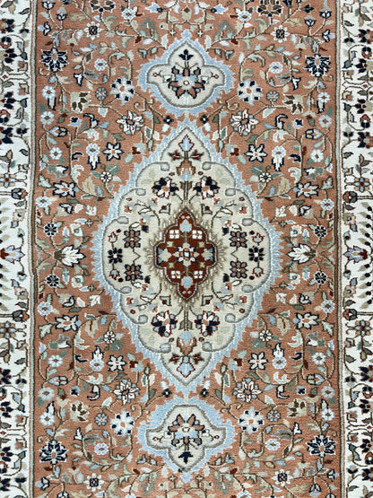 Indo Persian Rug 6x9, Wool Hand Knotted Vintage Carpet, Salmon & Ivory, Traditional Oriental Rug 6 x 9 - Nuvé