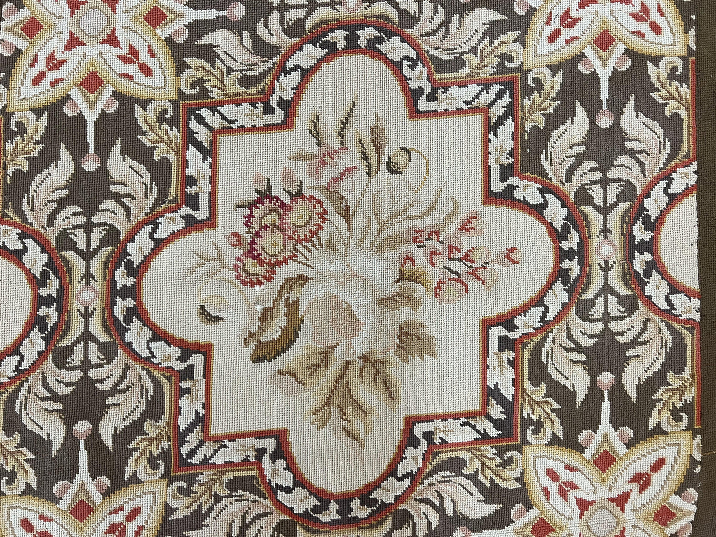 Needlepoint Runner Rug 2.8 x 9.8, Brown and Beige, Handwoven Handmade Floral French European Design, Vintage Flatweave 10ft Wool Runner Rug - Nuvé