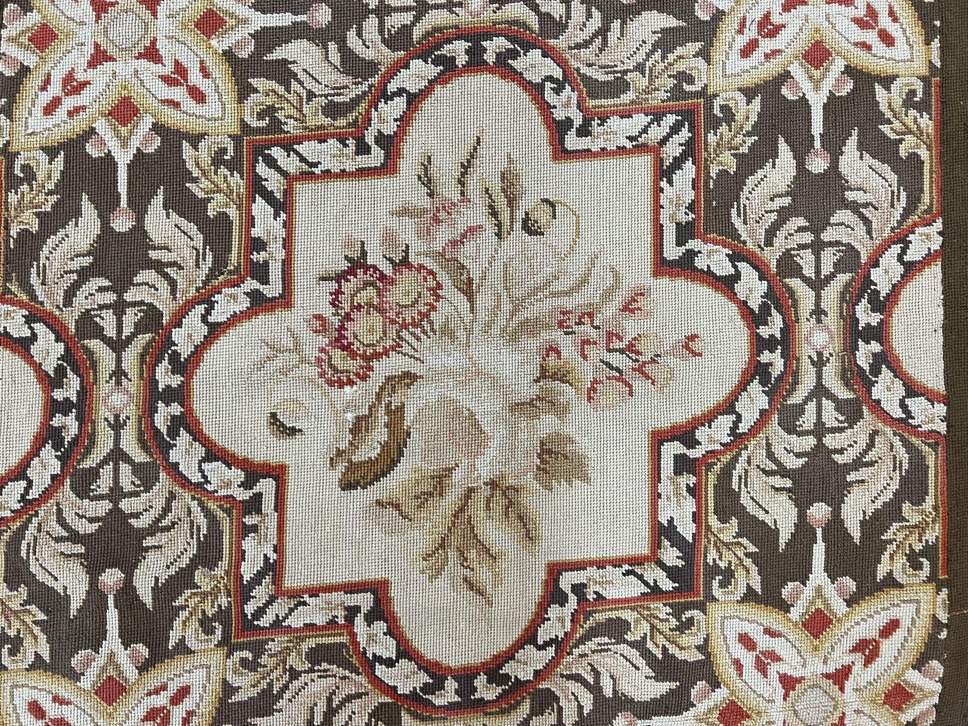 Needlepoint Runner Rug 2.8 x 9.8, Brown and Beige, Handwoven Handmade Floral French European Design, Vintage Flatweave 10ft Wool Runner Rug - Nuvé