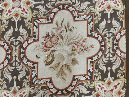 Needlepoint Runner Rug 2.8 x 9.8, Brown and Beige, Handwoven Handmade Floral French European Design, Vintage Flatweave 10ft Wool Runner Rug - Nuvé