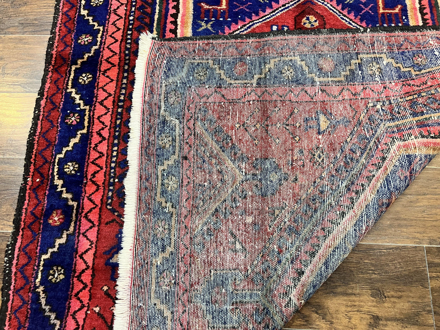 Persian Tribal Rug 5x7, Wool Handmade Vintage Hamadan Nahavand Carpet, Red & Navy Blue, Animal Motifs, Geometric Oriental Rug 5 x 7 - Nuvé