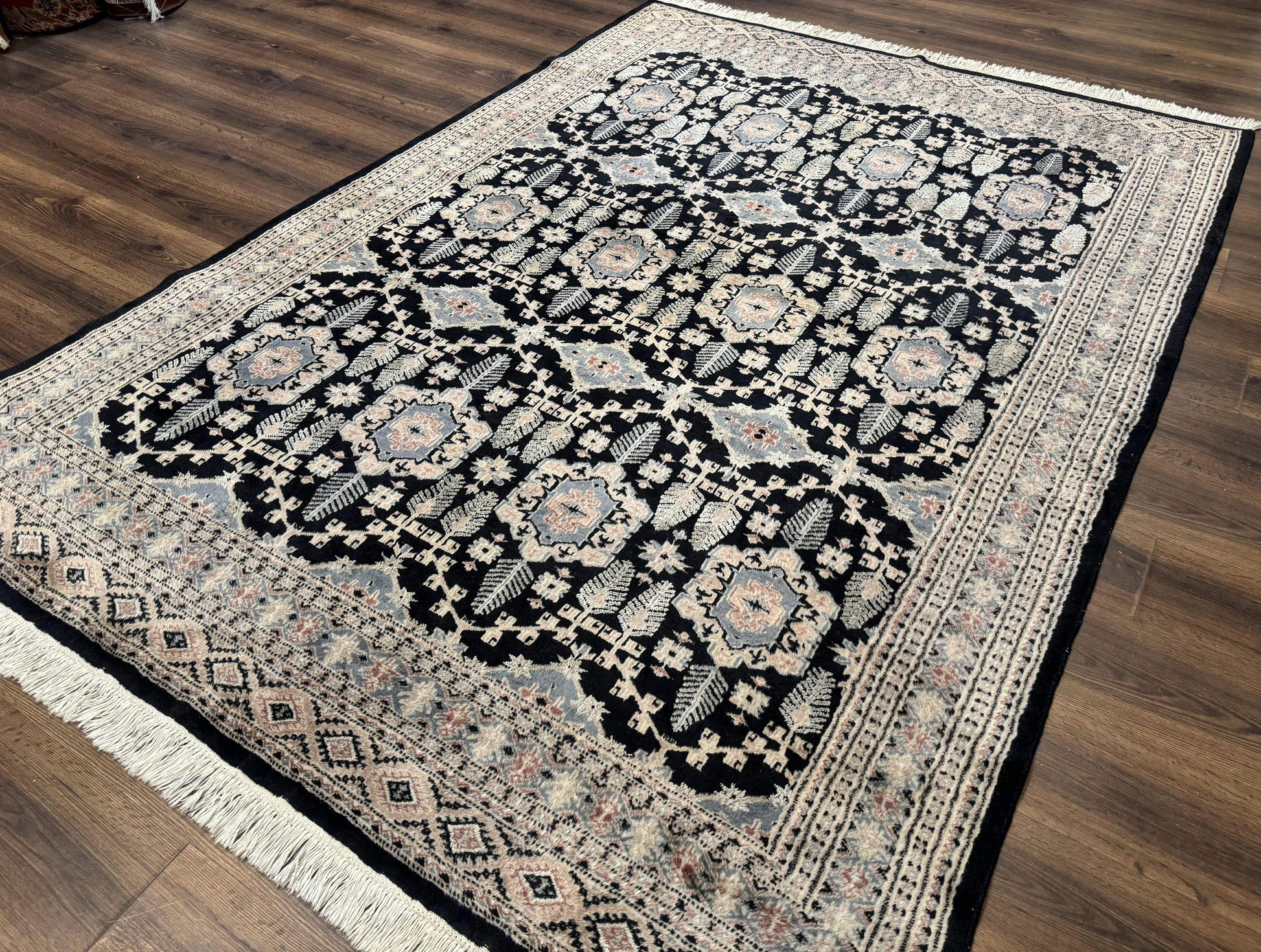Turkoman Bokhara Rug 6x9, Pakistani Carpet, Black, Hand Knotted - Nuvé