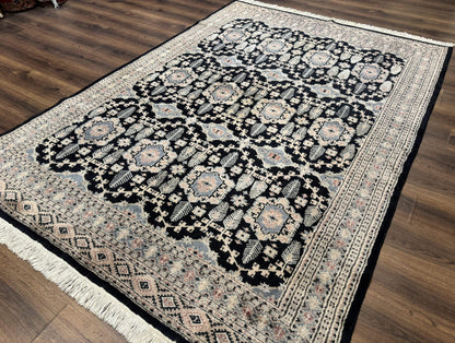 Turkoman Bokhara Rug 6x9, Pakistani Carpet, Black, Hand Knotted - Nuvé