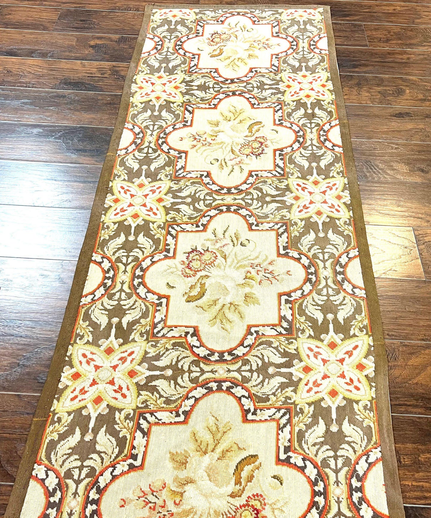Needlepoint Runner Rug 2.8 x 9.8, Brown and Beige, Handwoven Handmade Floral French European Design, Vintage Flatweave 10ft Wool Runner Rug - Nuvé