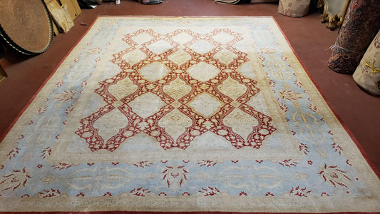 9x12 Peshawar Rug Pakistani Oriental Carpet Sky Blue and Red Wool Vintage Master Bedroom Rug Hand-Knotted Living Room Rug Dining Room Rug - Nuvé
