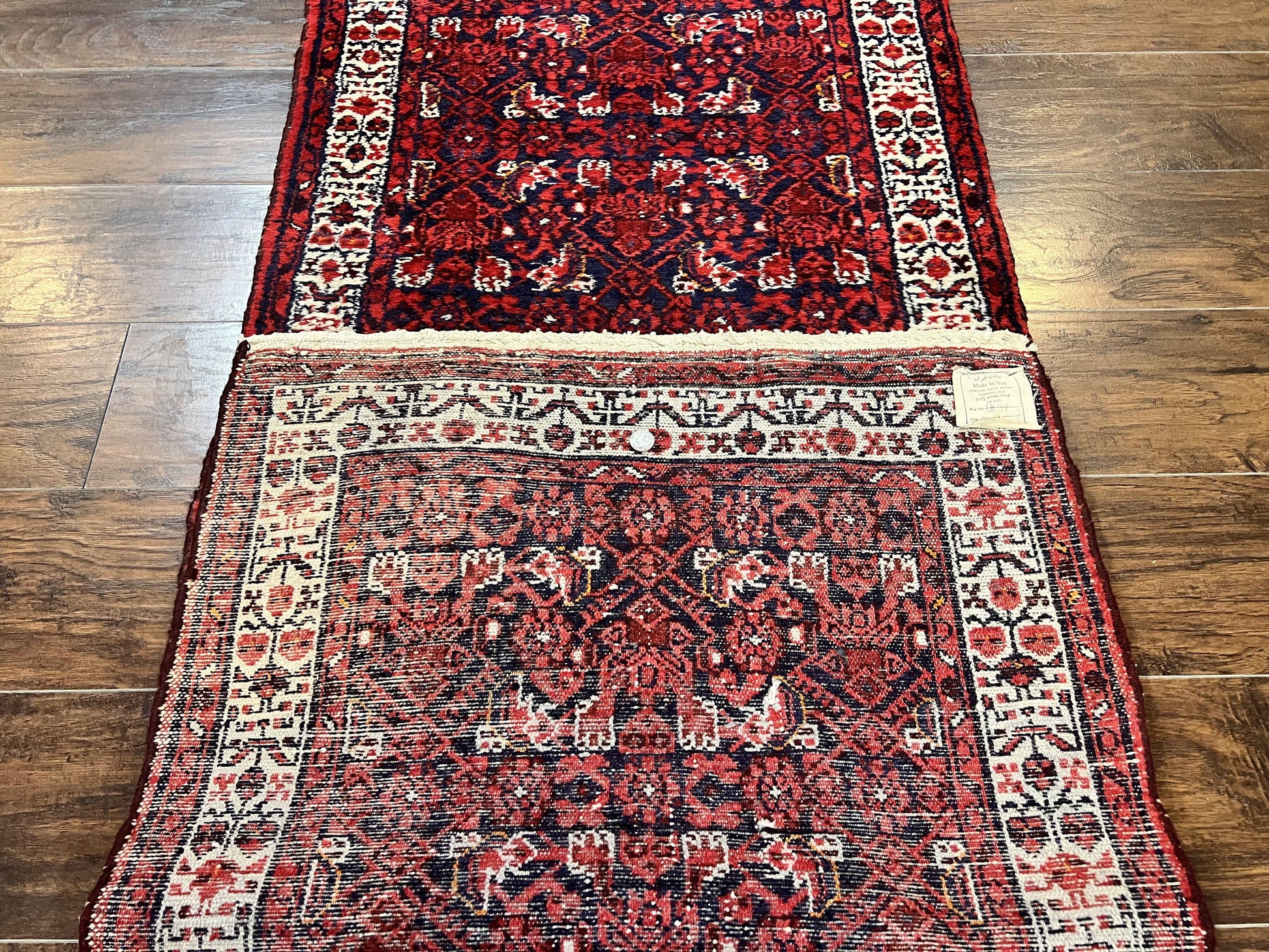 Persian Tribal Runner 3 x 9, Hamadan Dargazin Rug, Dark Blue and Red Wool Hand Knotted Hallway Rug, Vintage Antique Oriental Runner, 9ft Long Runner, Herati - Nuvé