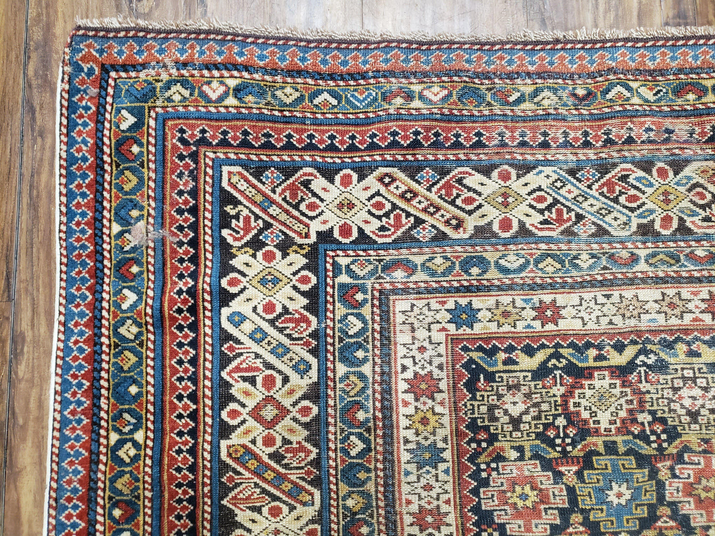 Caucasian Rug 3'9" x 5'7", Antique 1920s Collectible Caucasian Chi Chi Carpet, Hand Knotted, Colorful, Dark Blue Cream Red, Wool, Small Rug - Nuvé