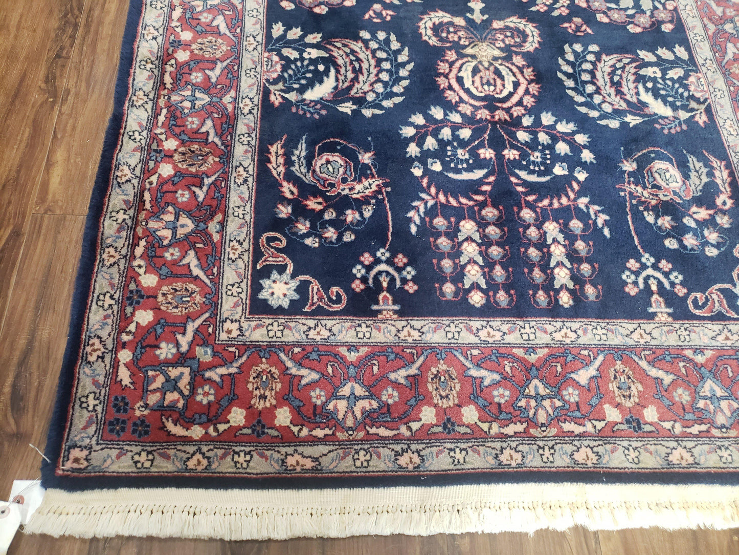 Dark Blue Indo Persian Rug 4x6, Medium Size Hand Knotted Oriental Carpet, Traditional Floral Indian Rug, Blue and Red Entryway Rug, Wool Rug - Nuvé